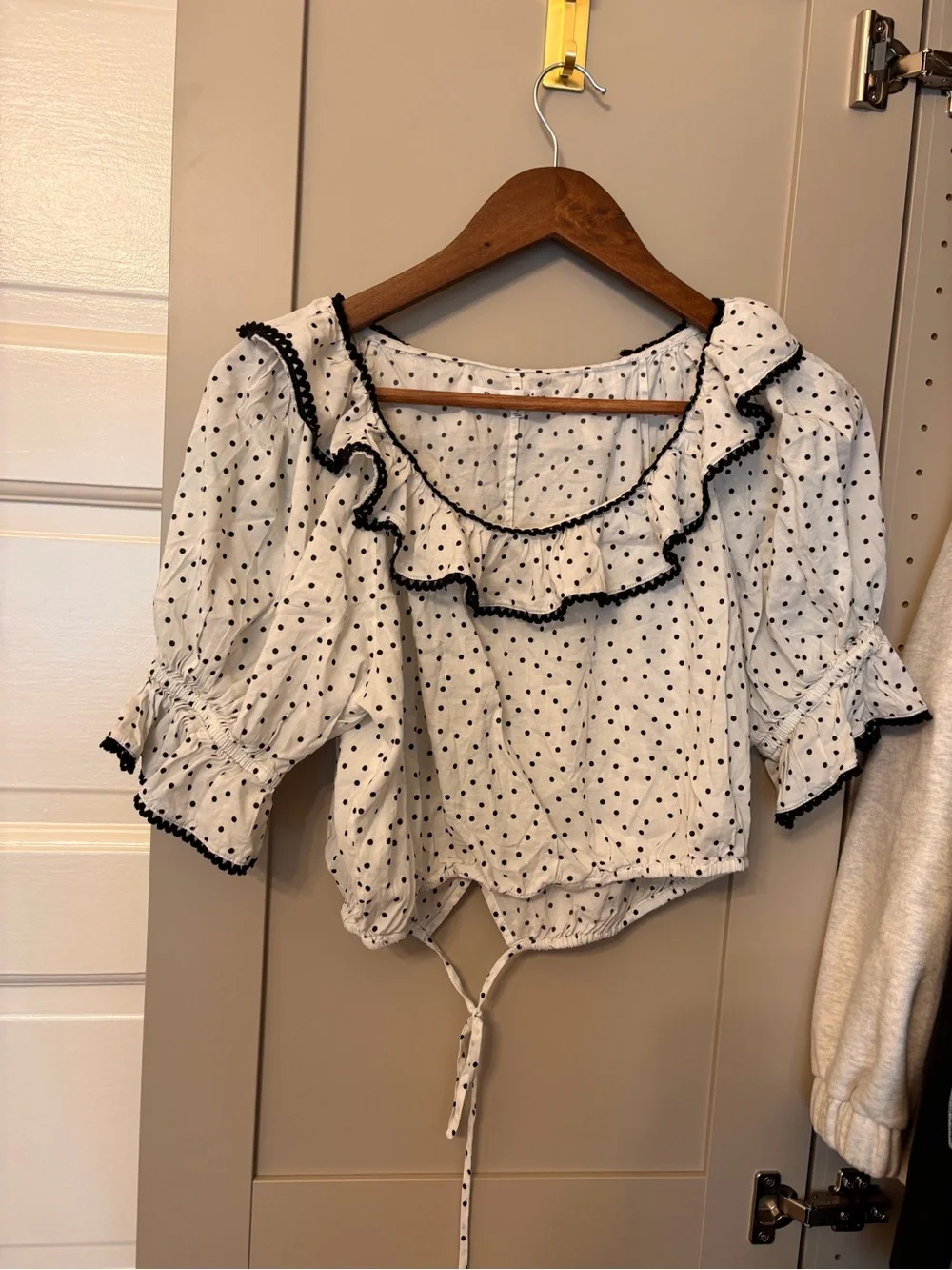 Reformation White Polka Dot Ruffle Tie-Front Blouse